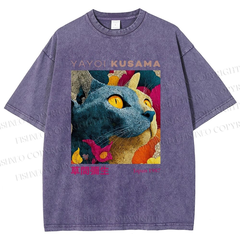 Unisex Yayoi Kusama Cat Printed Washed Tee