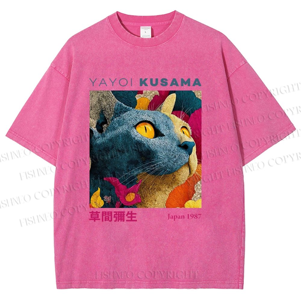 Unisex Yayoi Kusama Cat Printed Washed Tee