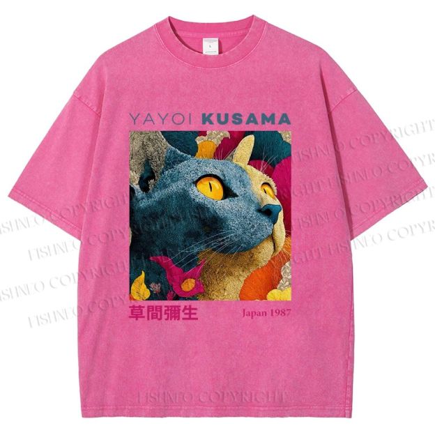 Unisex Yayoi Kusama Cat Printed Washed Tee