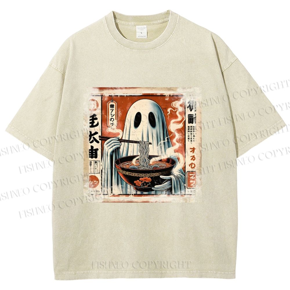 Unisex Ghost Ramen Noodles Printed Washed Tee