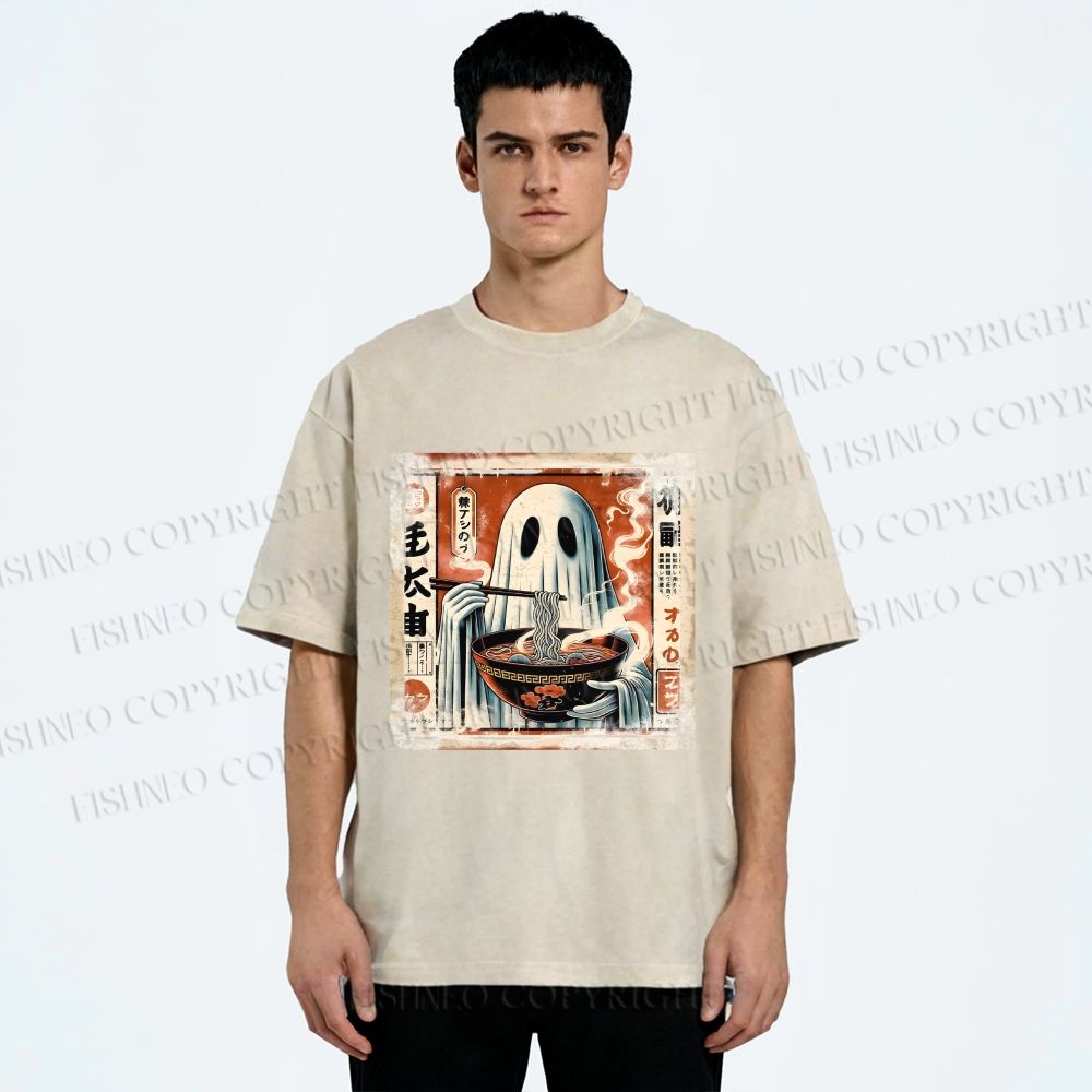 Unisex Ghost Ramen Noodles Printed Washed Tee