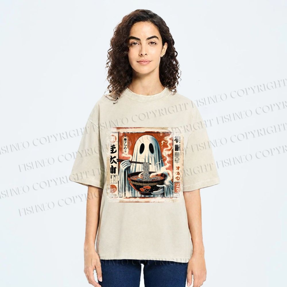 Unisex Ghost Ramen Noodles Printed Washed Tee