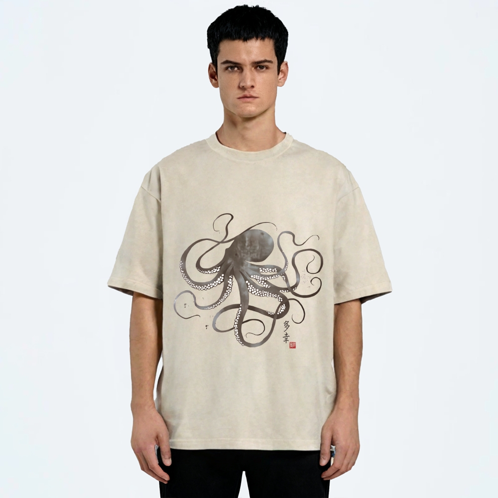 Octopus Japanese Calligraphy Washed T-Shirt