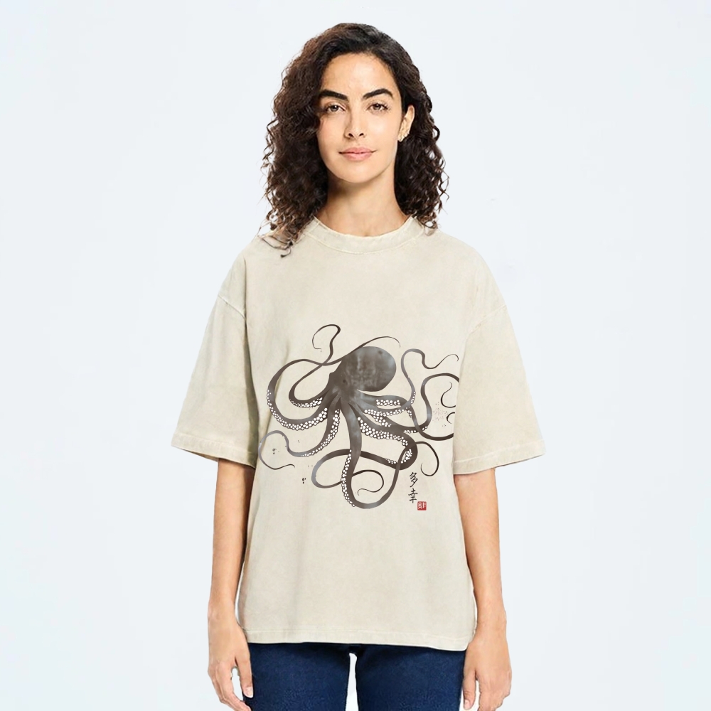 Octopus Japanese Calligraphy Washed T-Shirt