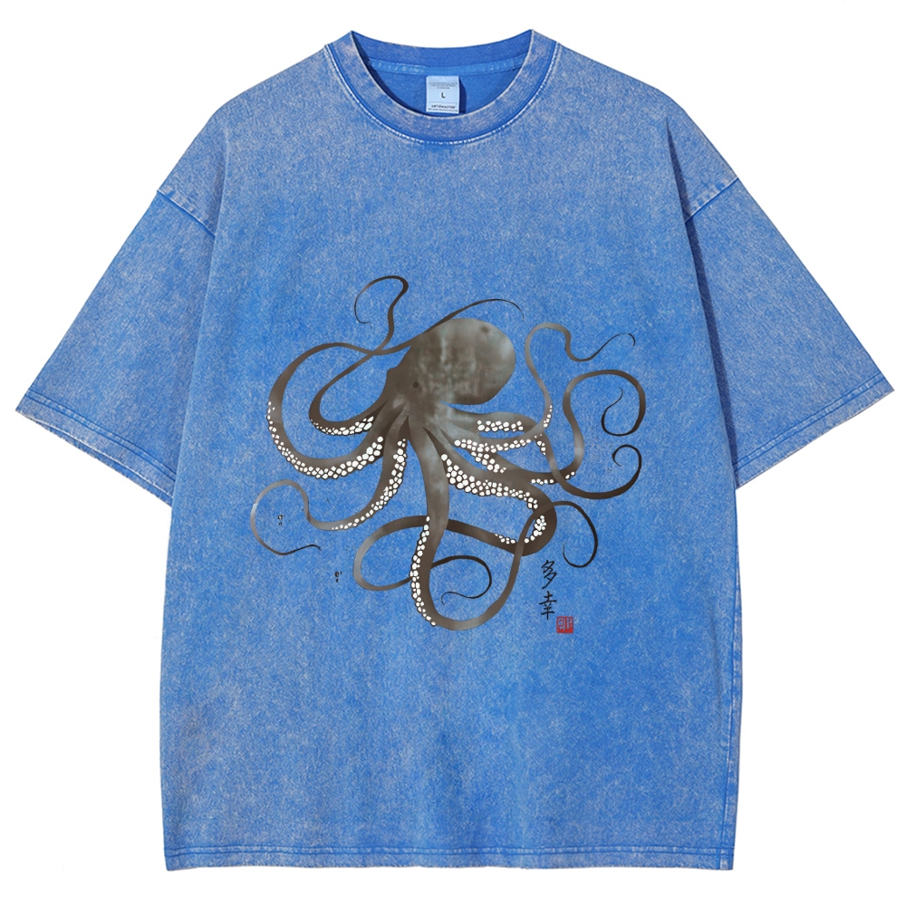 Octopus Japanese Calligraphy Washed T-Shirt