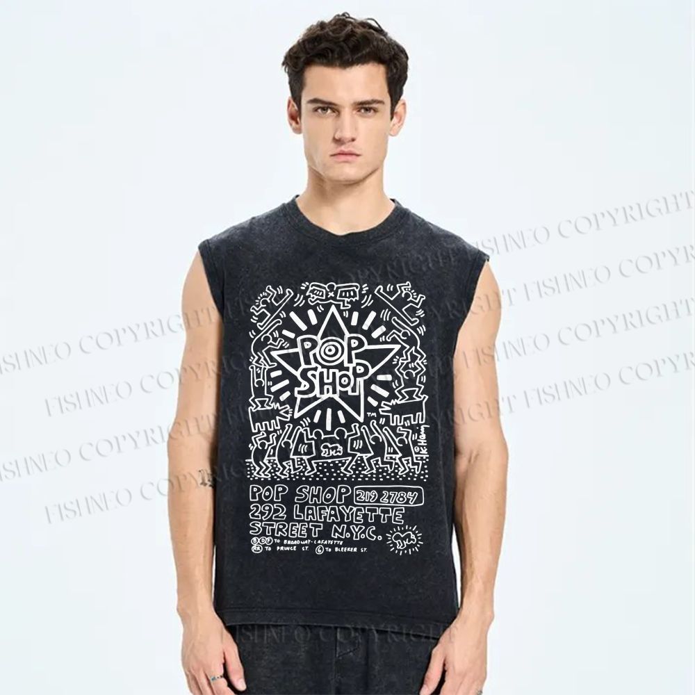 Unisex Keith Haring Pop Shop Printed Washed Tank Top