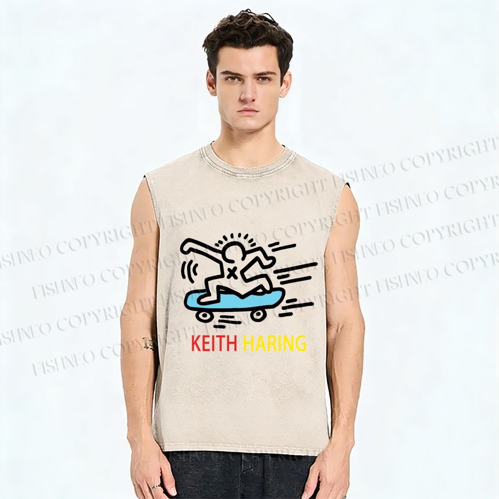 Unisex Keith Haring Skate Printed Washed Tank Top