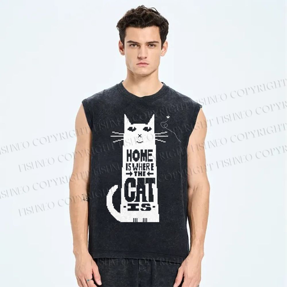 Unisex Home Is Where The Cat Is Printed Washed Tank Top