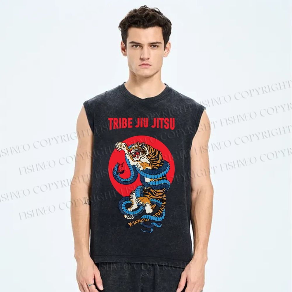 Unisex Oriental Tiger Fight Snake Printed Washed Tank Top