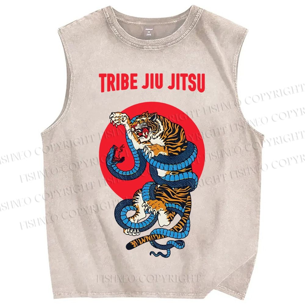 Unisex Oriental Tiger Fight Snake Printed Washed Tank Top