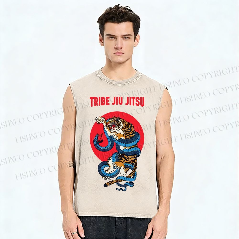 Unisex Oriental Tiger Fight Snake Printed Washed Tank Top