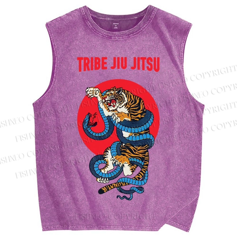 Unisex Oriental Tiger Fight Snake Printed Washed Tank Top