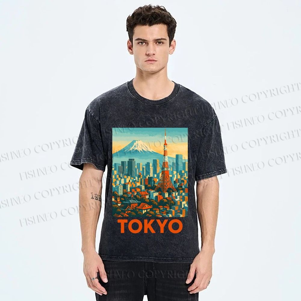 Unisex Japan Tokyo Printed Washed Tee
