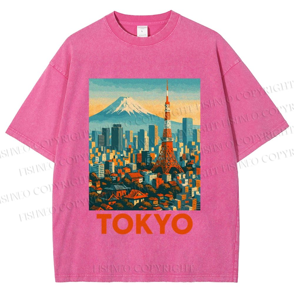 Unisex Japan Tokyo Printed Washed Tee