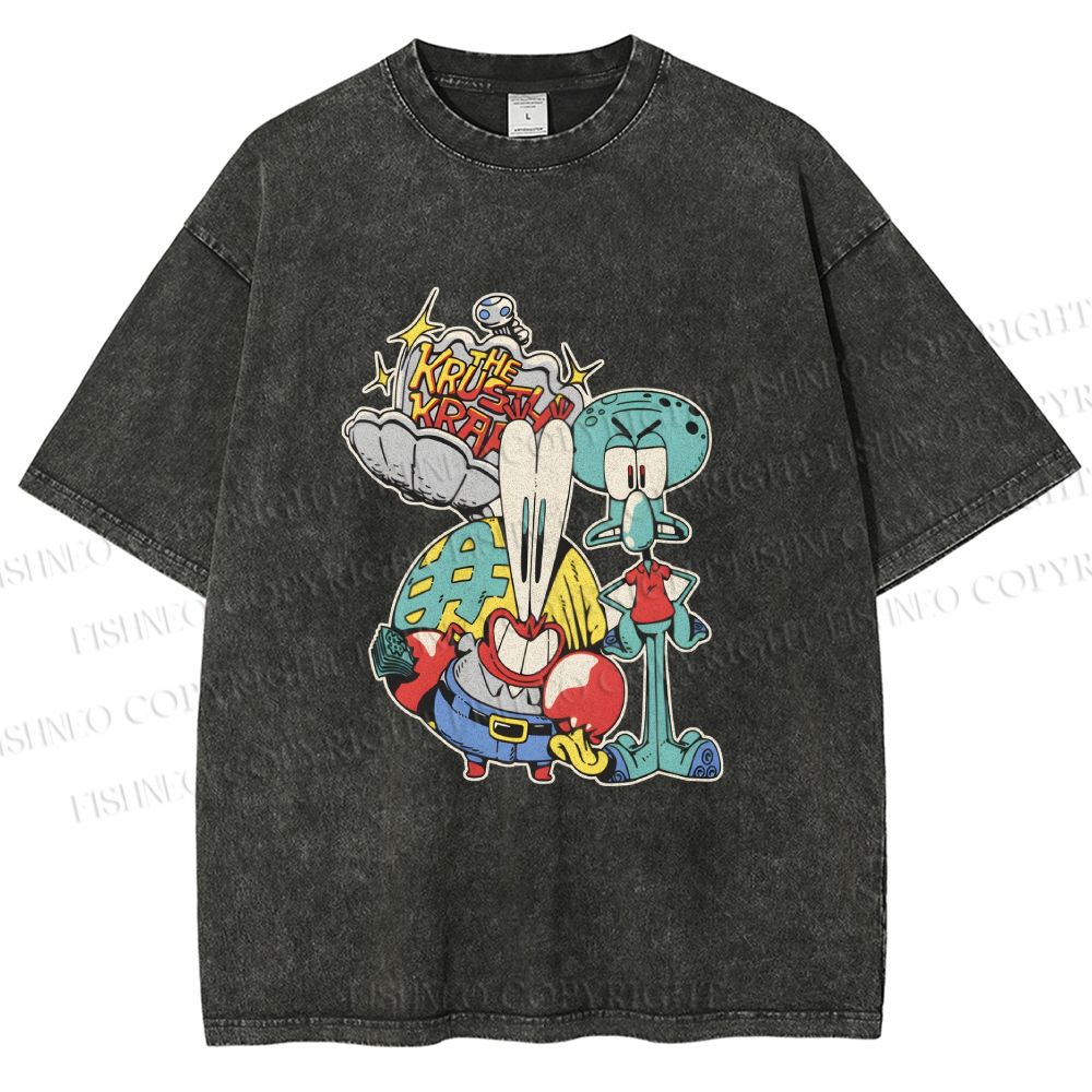 Unisex SpongeBob Squidward and Mr.Krabs Printed Washed Tee