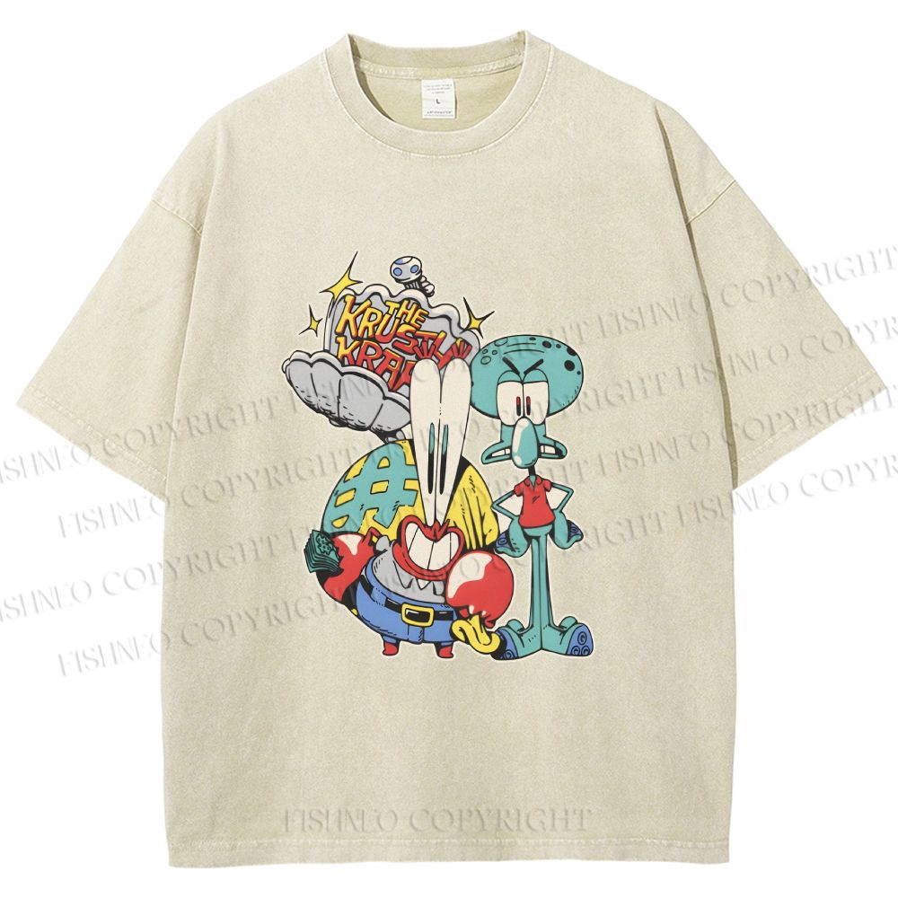 Unisex SpongeBob Squidward and Mr.Krabs Printed Washed Tee