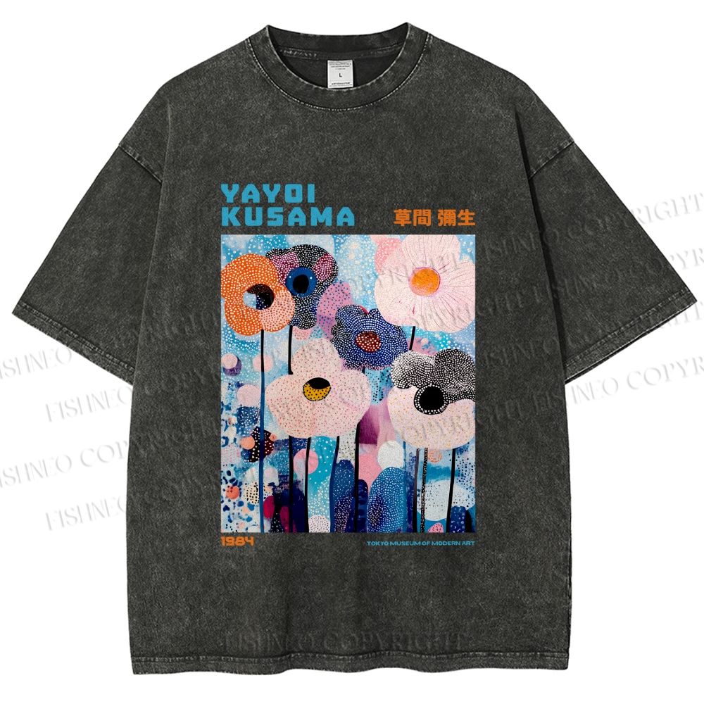 Unisex Yayoi Kusama Blue Flowers  Printed Washed Tee