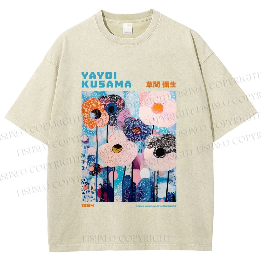 Unisex Yayoi Kusama Blue Flowers  Printed Washed Tee
