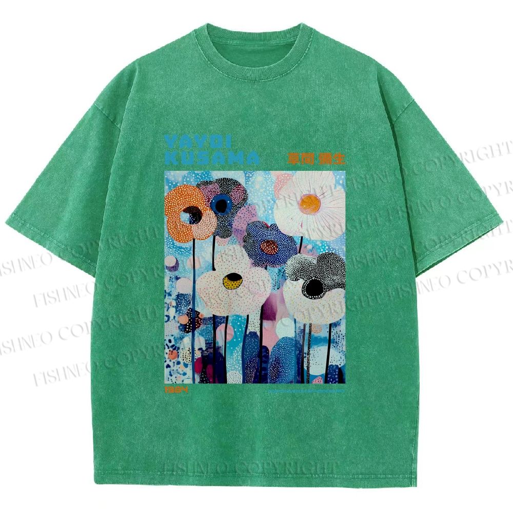 Unisex Yayoi Kusama Blue Flowers  Printed Washed Tee