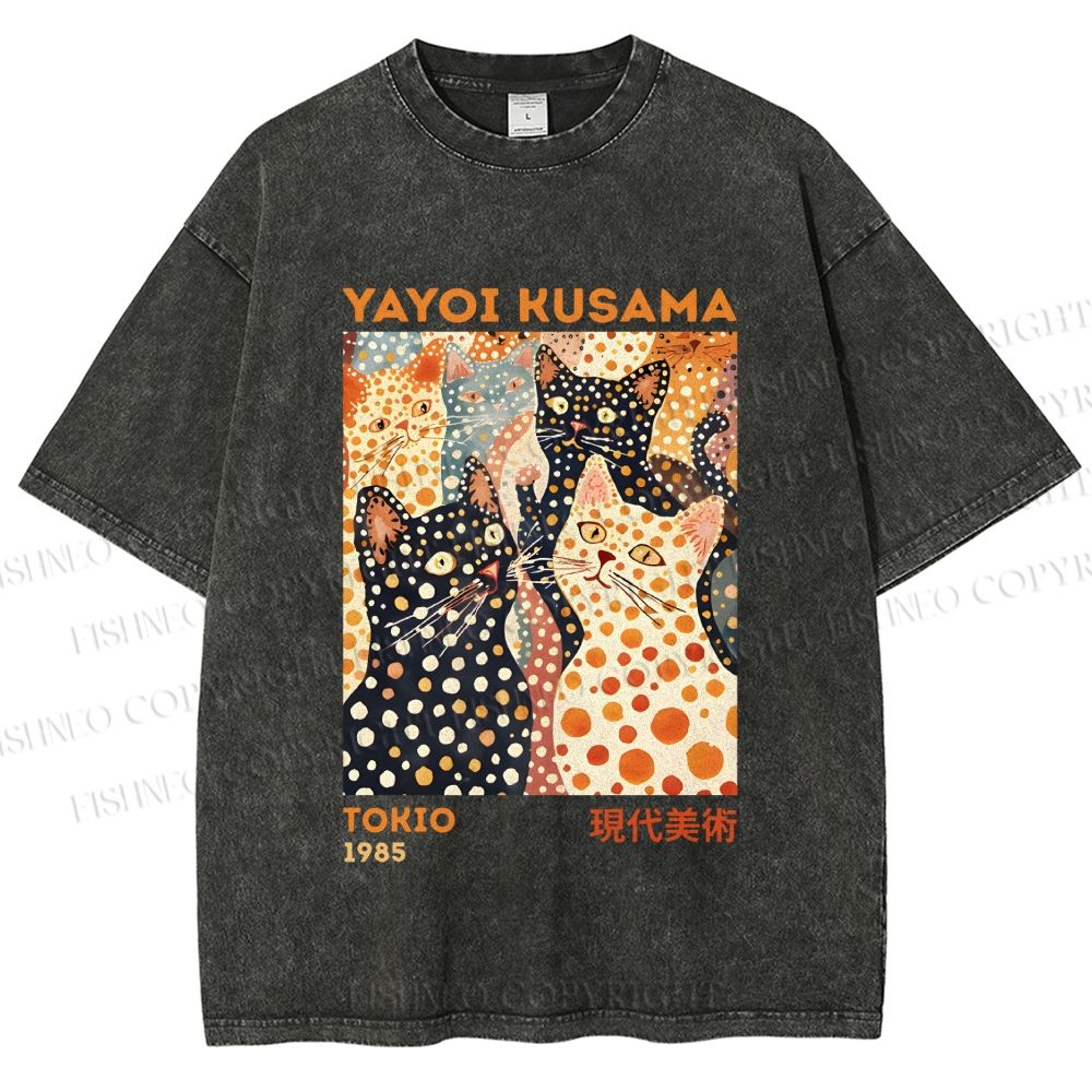 Unisex Yayoi Kusama Cats With Dots Printed Washed Tee