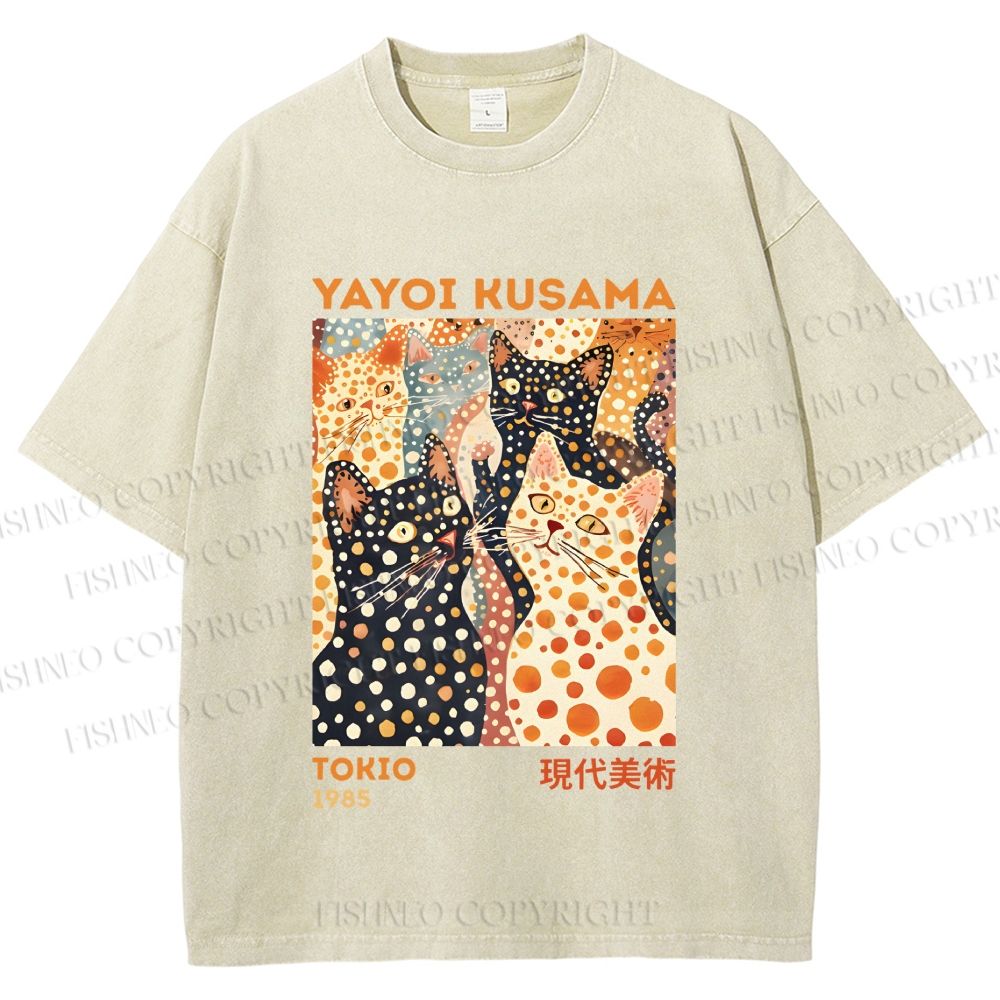 Unisex Yayoi Kusama Cats With Dots Printed Washed Tee