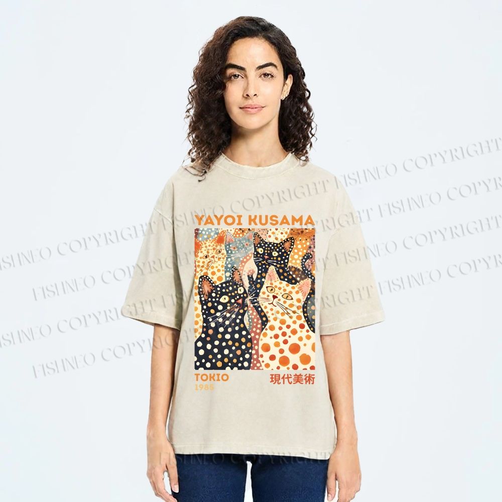 Unisex Yayoi Kusama Cats With Dots Printed Washed Tee