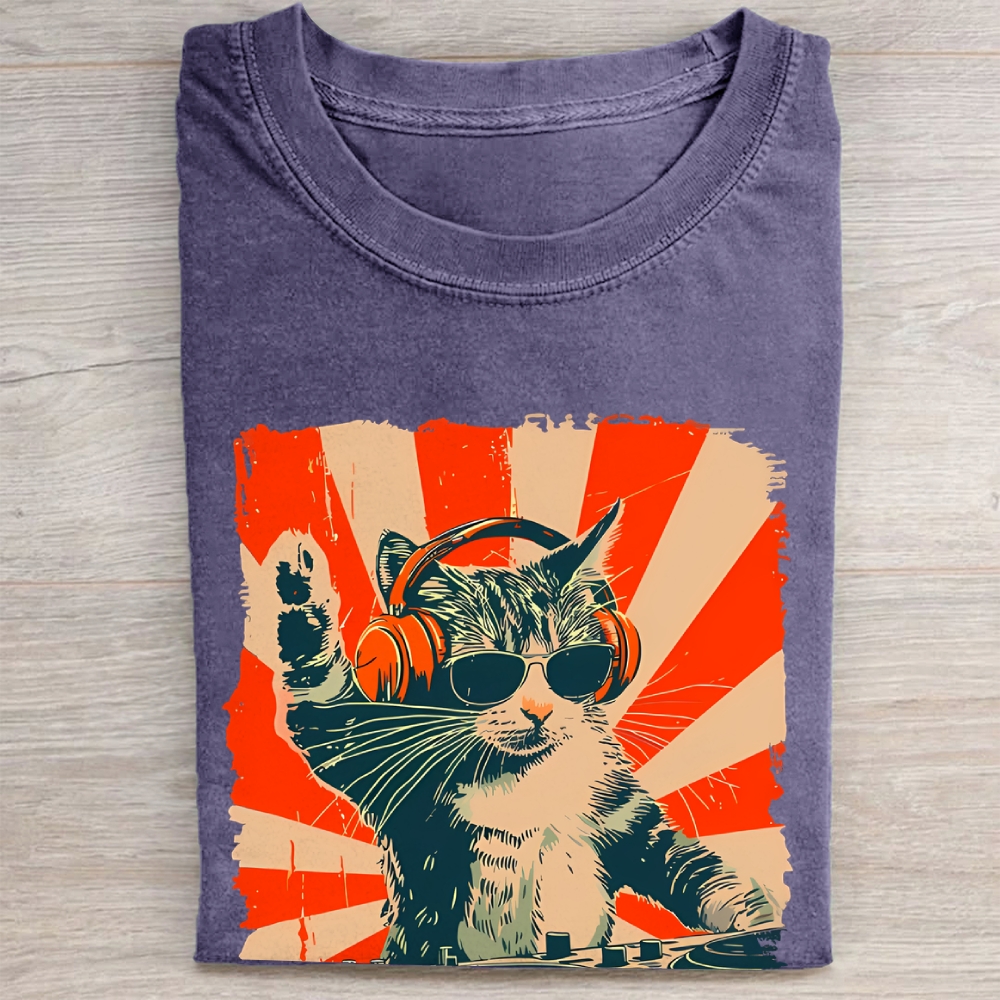Unisex Cool DJ Cat Printed Washed Folded T-shirt