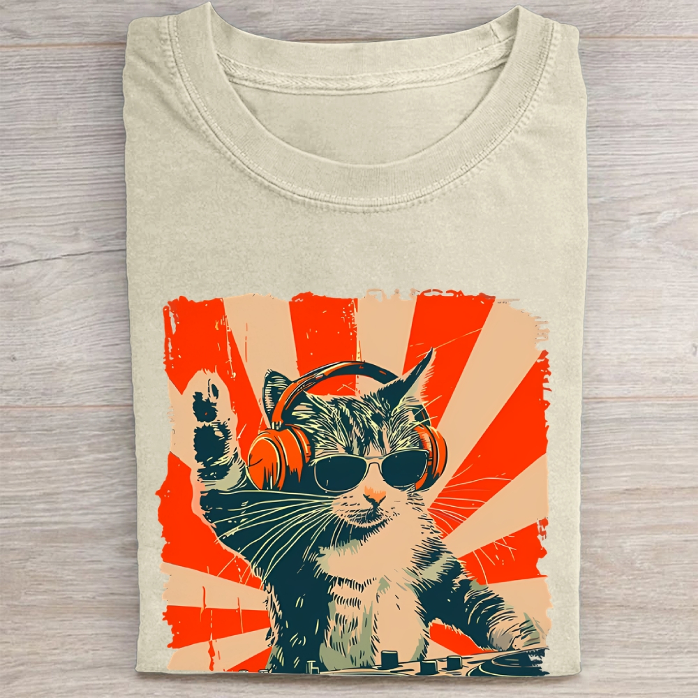 Unisex Cool DJ Cat Printed Washed Folded T-shirt
