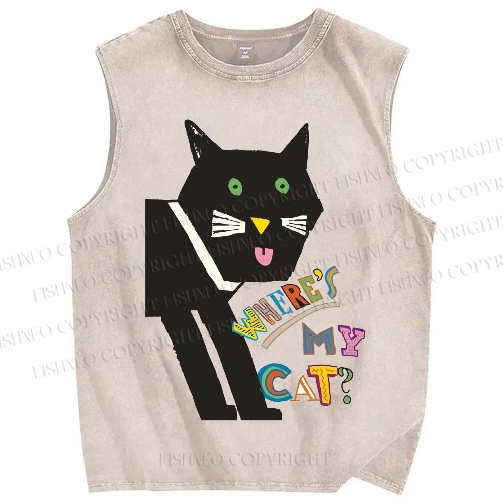 Unisex Where's My Cat Printed Washed Tank Top