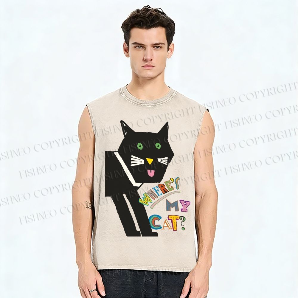 Unisex Where's My Cat Printed Washed Tank Top