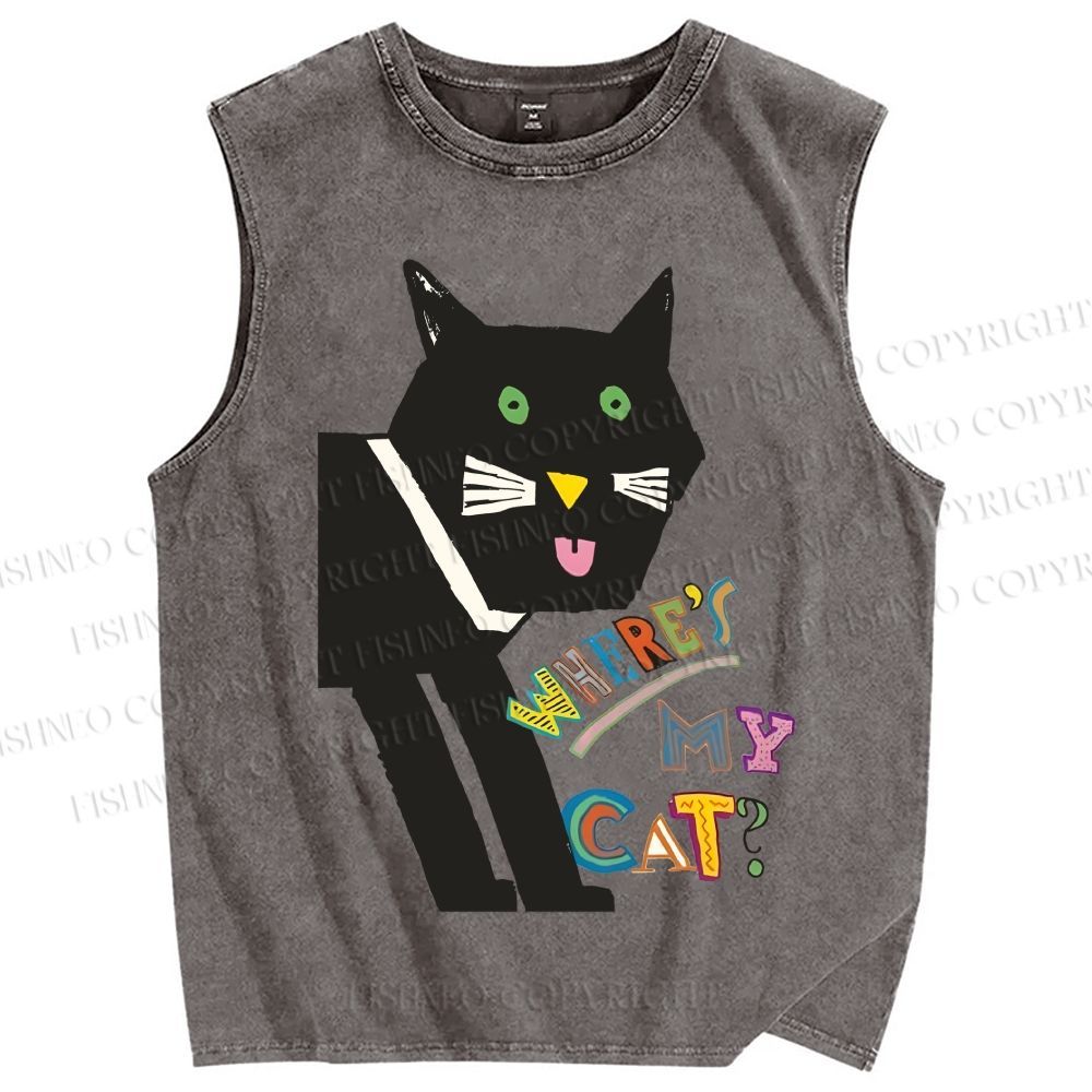 Unisex Where's My Cat Printed Washed Tank Top
