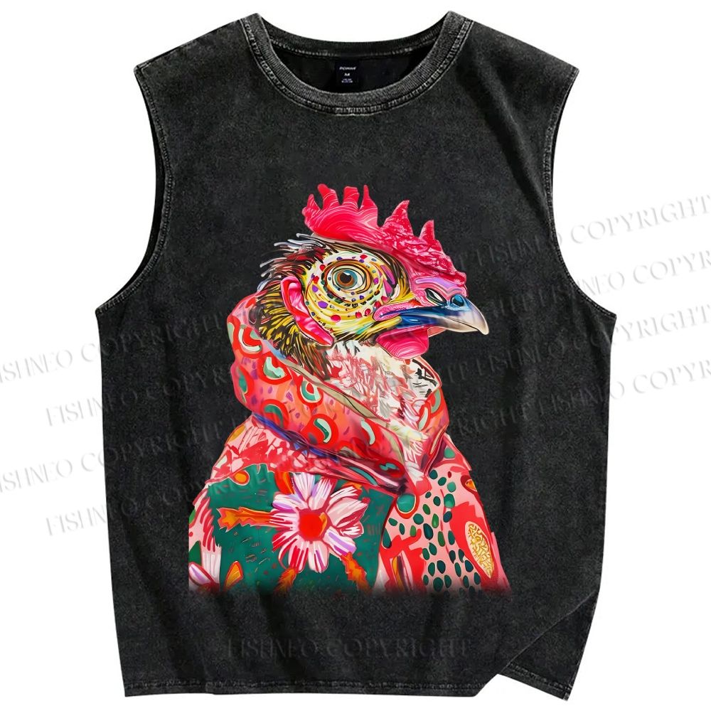 Unisex Colorful Rooster Printed Washed Tank Top