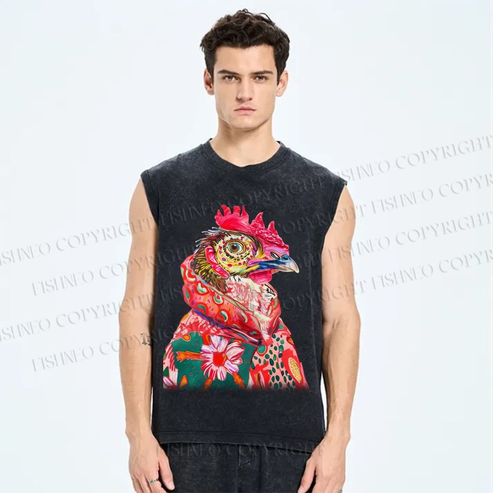 Unisex Colorful Rooster Printed Washed Tank Top