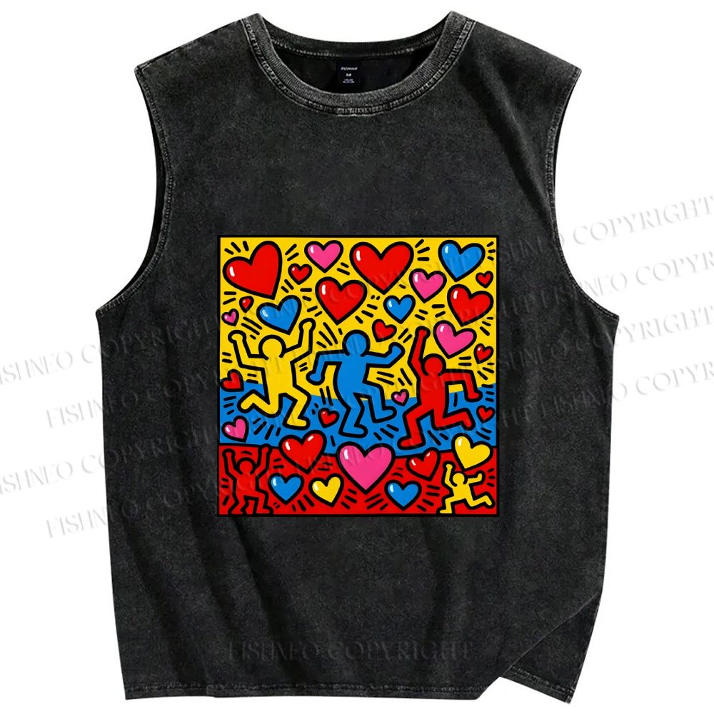 Unisex Keith Haring Dancing Hearts Printed Washed Tank Top