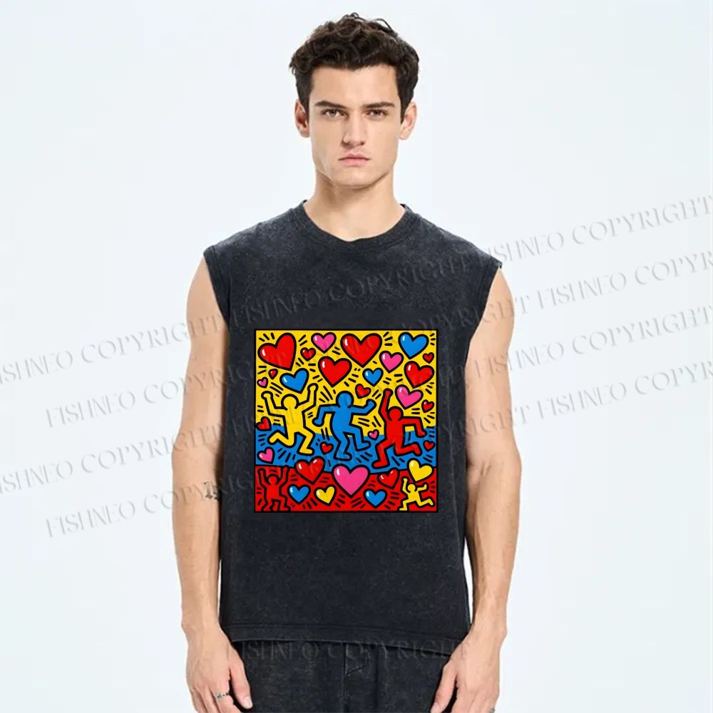 Unisex Keith Haring Dancing Hearts Printed Washed Tank Top