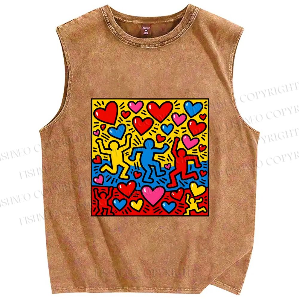 Unisex Keith Haring Dancing Hearts Printed Washed Tank Top