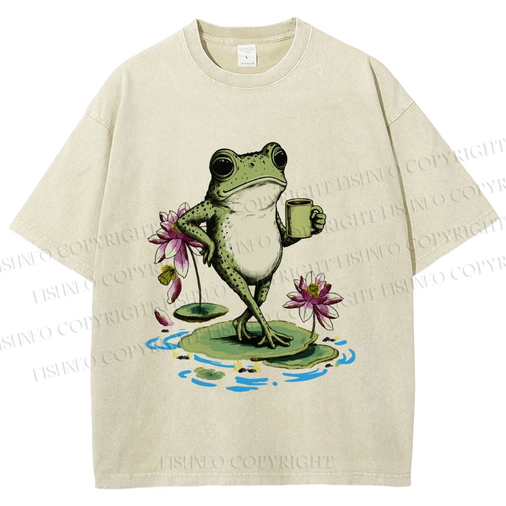 Unisex Leisure Time Frog Printed Washed Tee