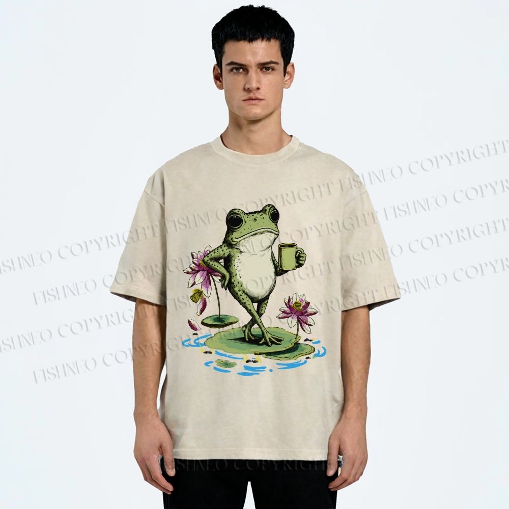 Unisex Leisure Time Frog Printed Washed Tee