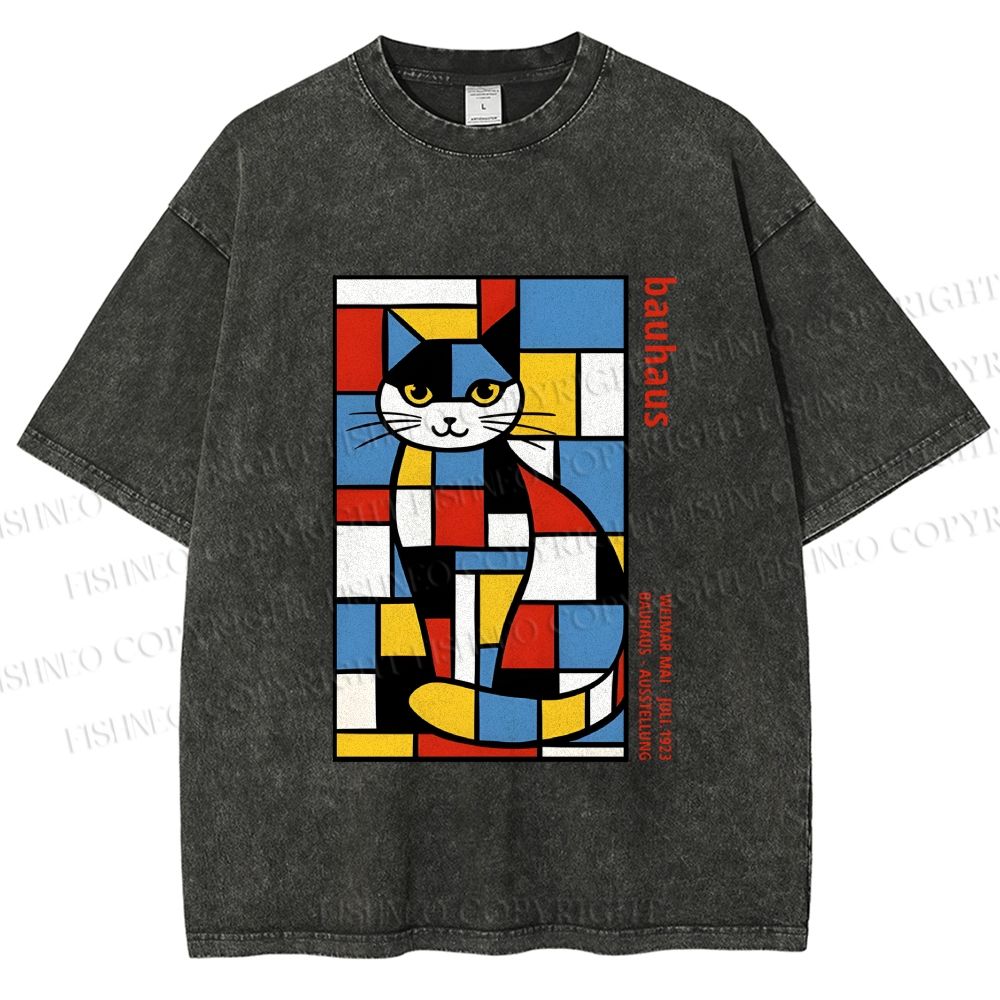 Unisex Bauhaus Mondrian Cat Printed Washed Tee