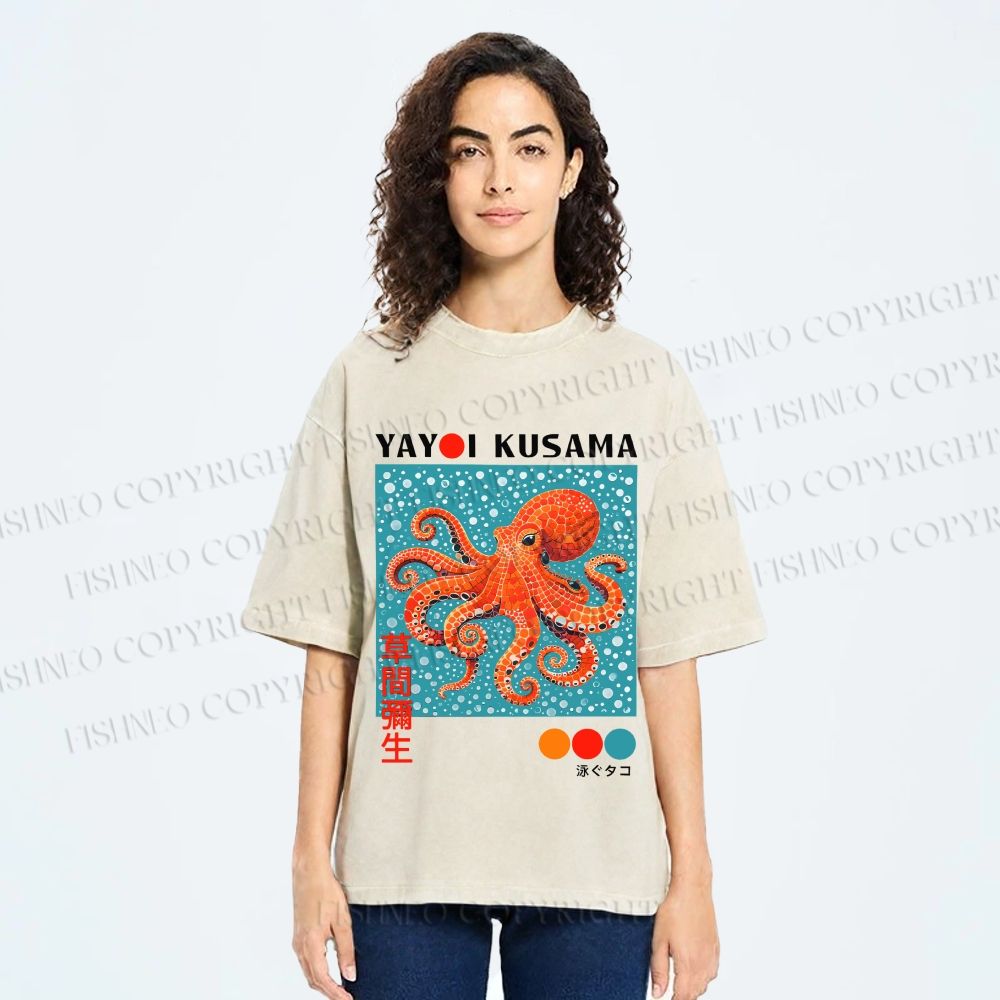 Unisex Yayoi-Style Octopus Printed Washed Tee