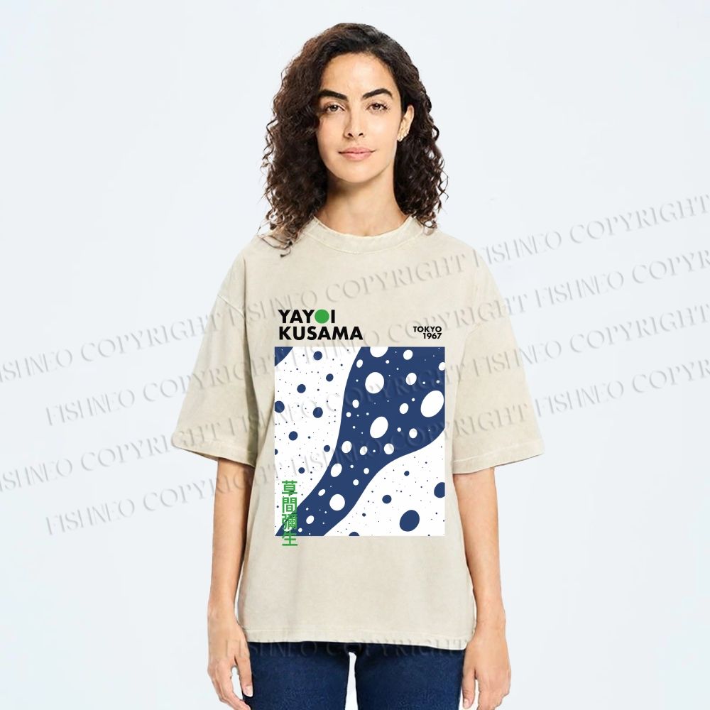 Unisex Yayoi Kusama Japanese Wave Dots Printed Washed Tee