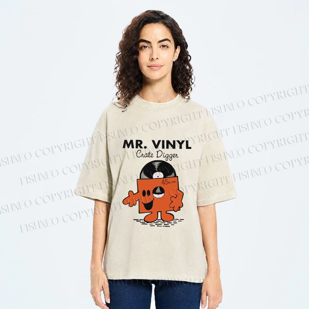 Unisex Vintage Funny Mr.Vinyl Printed Washed Tee