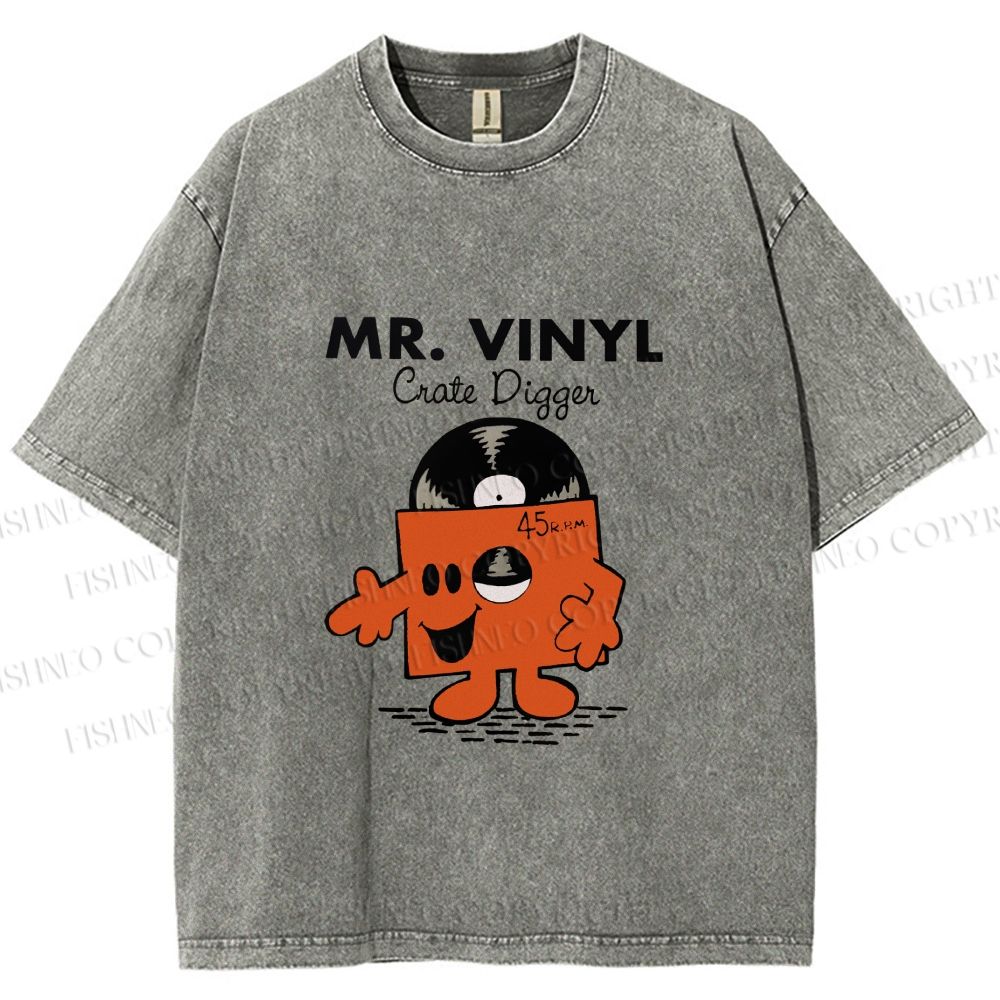 Unisex Vintage Funny Mr.Vinyl Printed Washed Tee