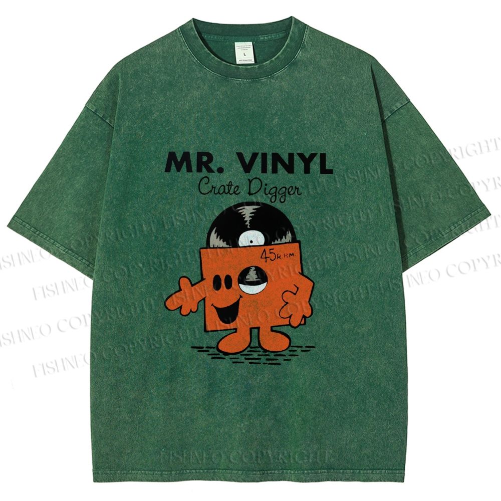 Unisex Vintage Funny Mr.Vinyl Printed Washed Tee
