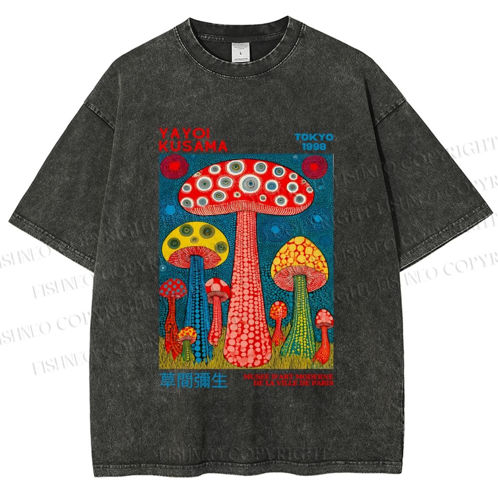 Unisex Yayoi Kusama Mushroom Printed Washed Tee