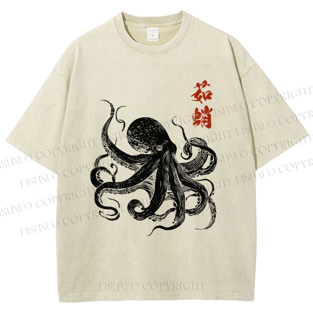 Unisex Ukiyo-e Octopus Art Printed Washed Tee
