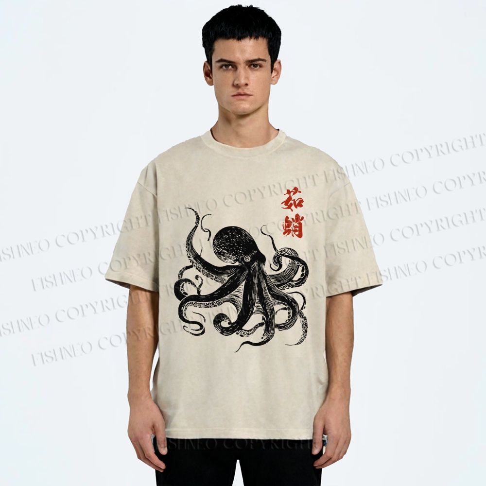 Unisex Ukiyo-e Octopus Art Printed Washed Tee