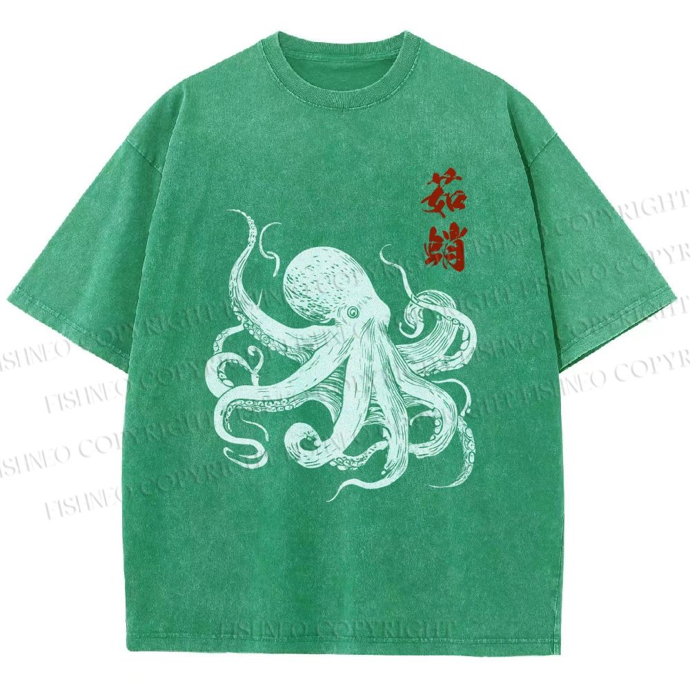 Unisex Ukiyo-e Octopus Art Printed Washed Tee