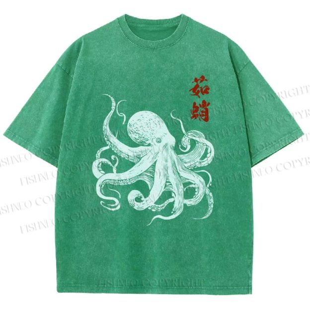 Unisex Ukiyo-e Octopus Art Printed Washed Tee