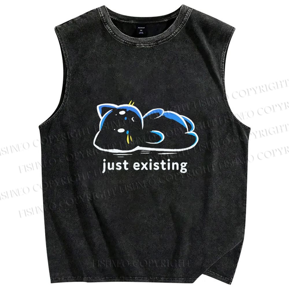 Unisex Just Existing Cat Printed Washed Tank Top
